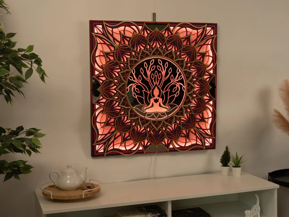 Lotus Mandala LED Duvar Sanatı: Katmanlı Ahşap, Bohem Meditasyon Dekoru