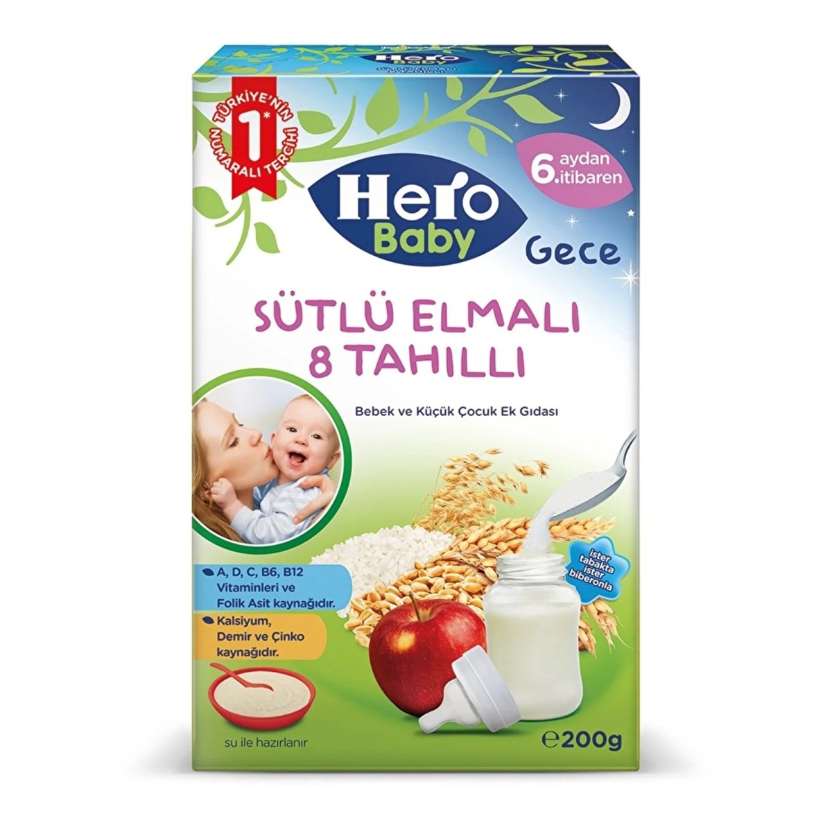 Hero Baby Gece Sütlü Elmalı 8 Tahıllı Kaşık Maması 200 gr