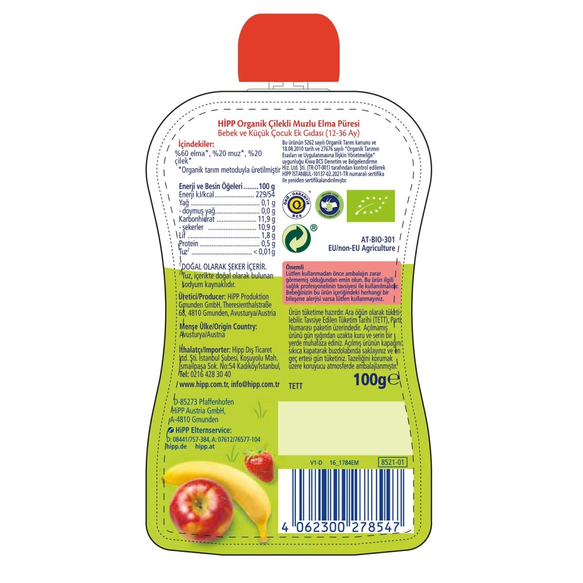 HiPP Organik Çilekli Muzlu Elmalı Meyve Püresi 100 gr