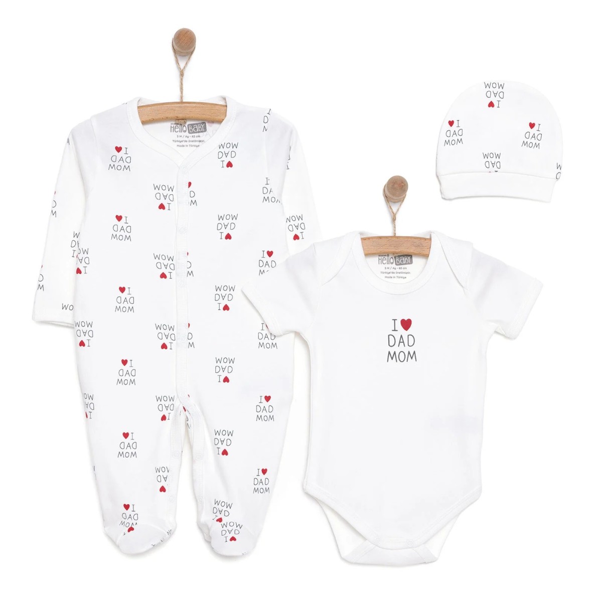 HelloBaby Yenidoğan Unisex Bebek Tulum-Body-Bere 3lü Takım İnterlok Çıtçıtlı Yaka Uzun Kol Ekru