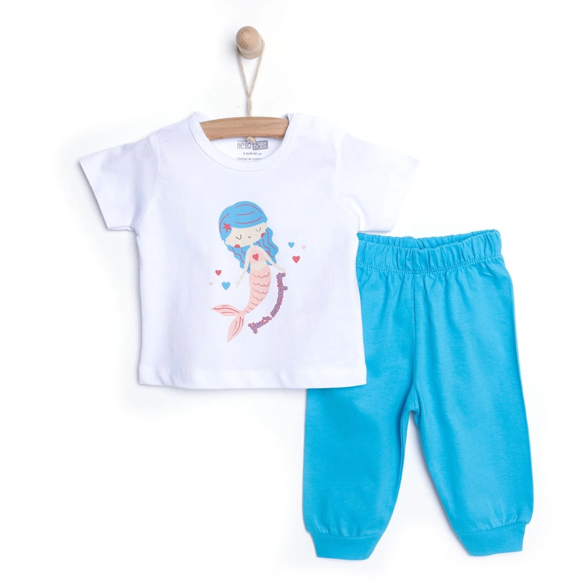 HelloBaby Kız Bebek Pijama Takımı Bisiklet Yaka Reçme Paça Kısa Kol Beyaz