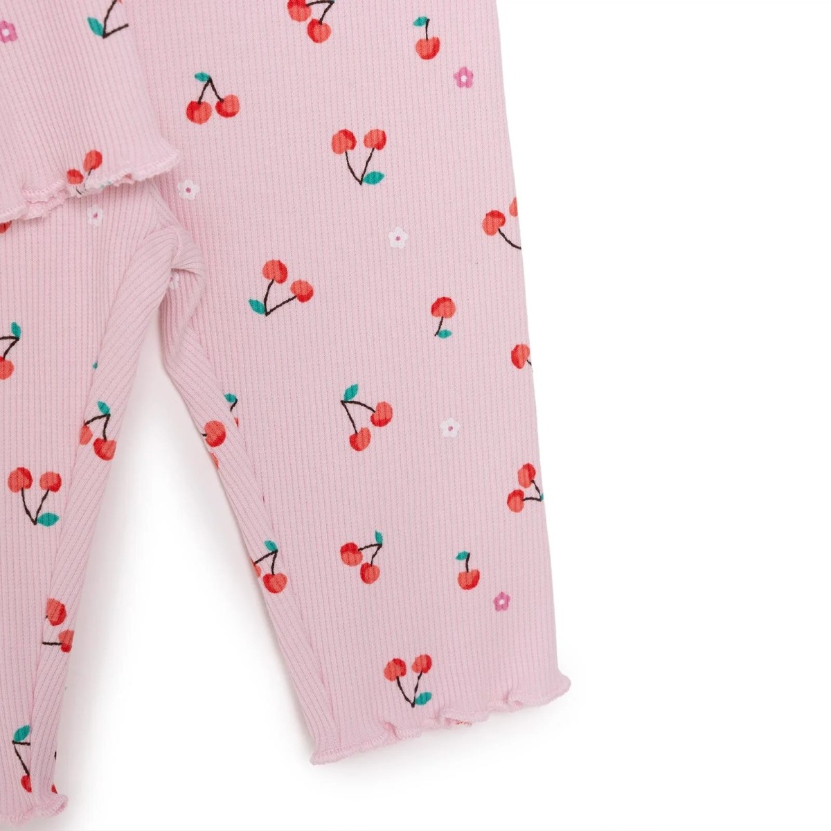 HelloBaby Kız Bebek Pijama Takımı Kiraz Desenli Bisiklet Yaka Reçme Paça Uzun Kol Pembe