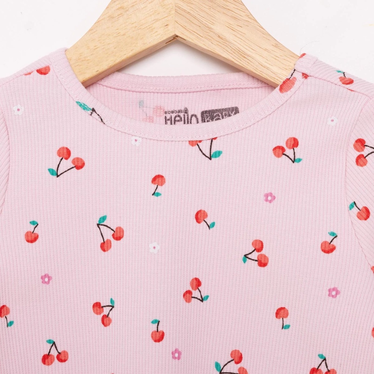 HelloBaby Kız Bebek Pijama Takımı Kiraz Desenli Bisiklet Yaka Reçme Paça Uzun Kol Pembe