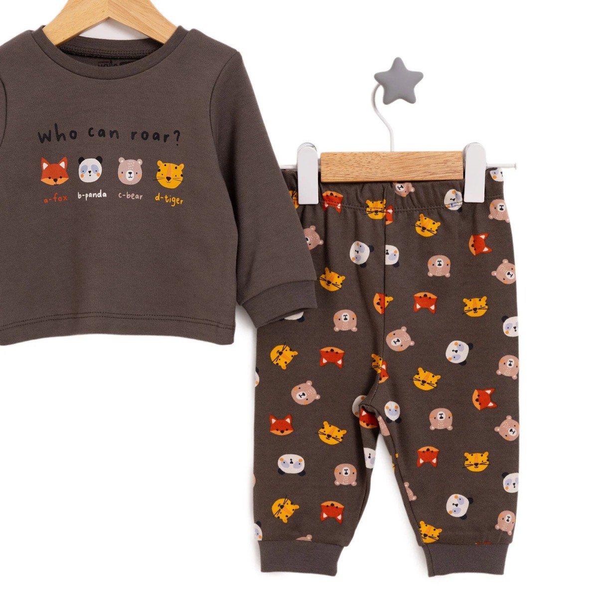 HelloBaby Erkek Bebek Pijama Takımı İnterlok Hayvan Desenli Bisiklet Yaka Ribanalı Paça Uzun Kol Haki