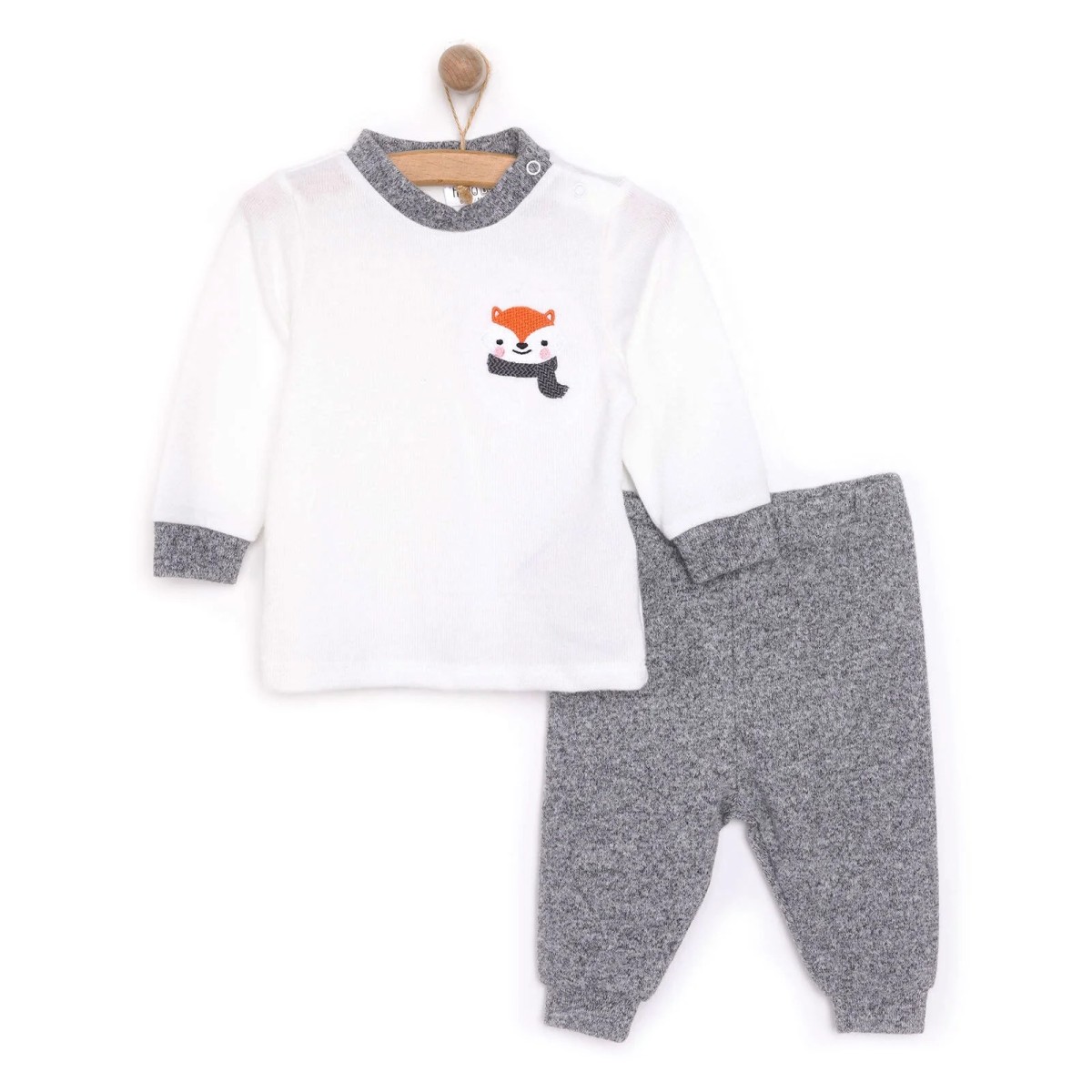 HelloBaby Erkek Bebek Pijama Takımı Çıtçıtlı Bisiklet Yaka Ribanalı Paça Uzun Kol Ekru